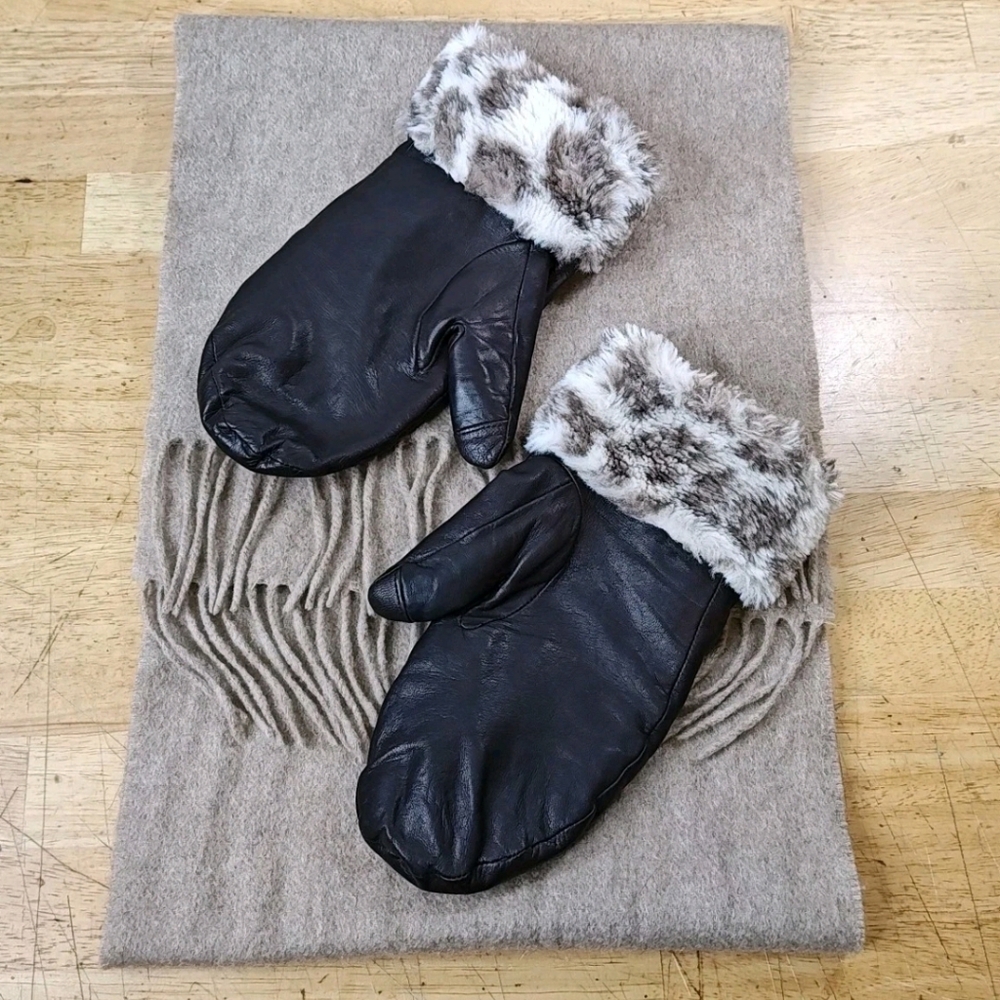 Lands End Cashmere Cuffs Leather Gloves Mittens Size Sm Med Fringed Scarf Beige